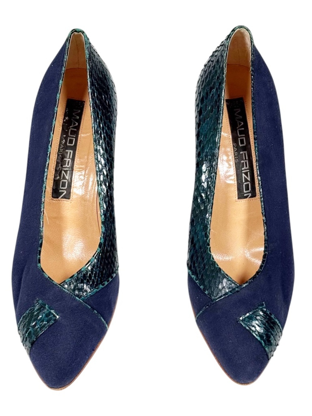 Vintage Maud Frizon Paris Navy Canvas Emerald Snakeskin Pumps Heels Size 37.5